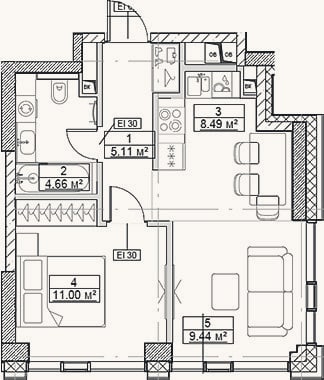 Планировка: 2-к, 38,7 м²