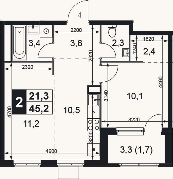 Планировка: 2-к, 43,5 м²