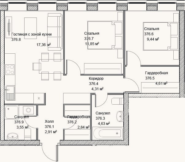 Планировка: 3-к, 61,5 м²