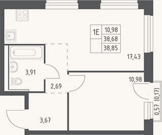 Планировка: 2-к, 38,7 м²