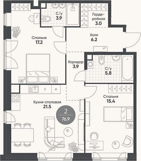 Планировка: 3-к, 76,9 м²