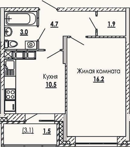 Планировка: 1-к, 36,3 м²