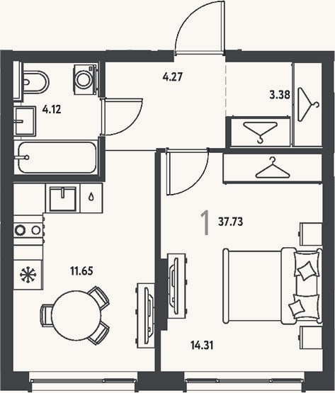 Планировка: 1-к, 37,7 м²
