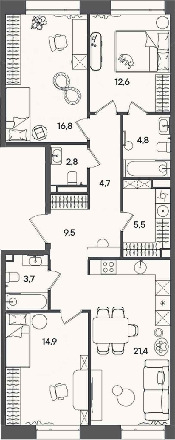 Планировка: 3-к, 96,7 м²