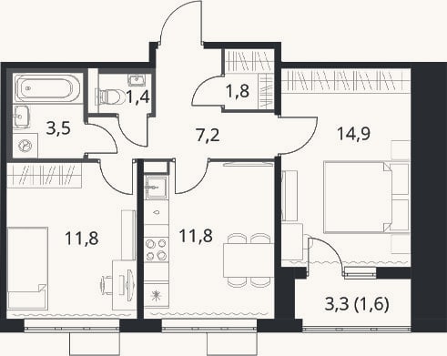 Планировка: 2-к, 52,4 м²