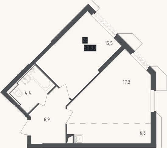 Планировка: 2-к, 50,9 м²