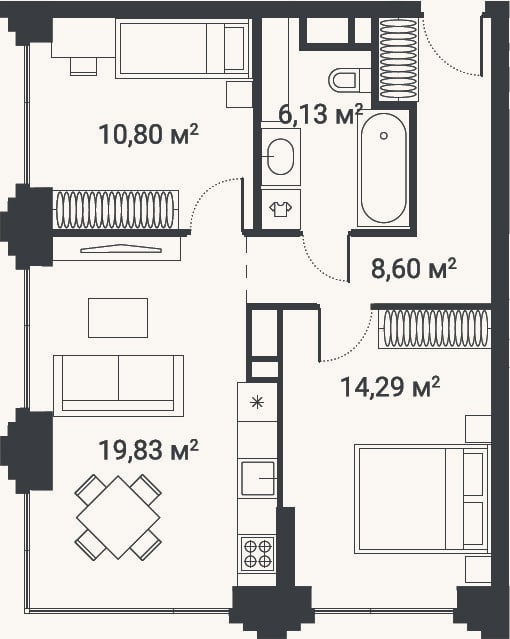 Планировка: 3-к, 58 м²