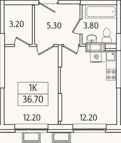 Планировка: 1-к, 36,7 м²