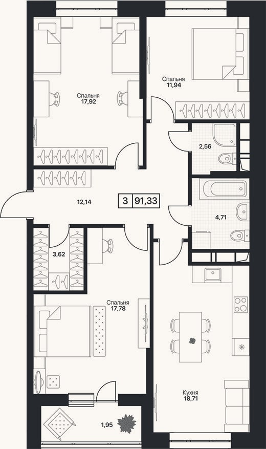Планировка: 3-к, 89,4 м²