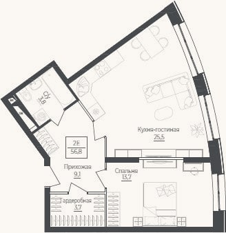 Планировка: 2-к, 56,8 м²