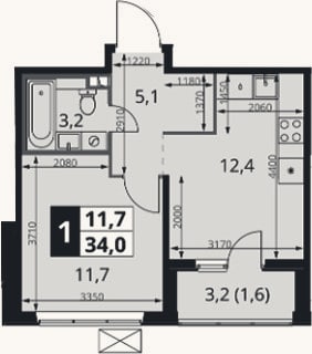 Планировка: 1-к, 32,4 м²