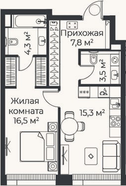 Планировка: 1-к, 47,4 м²