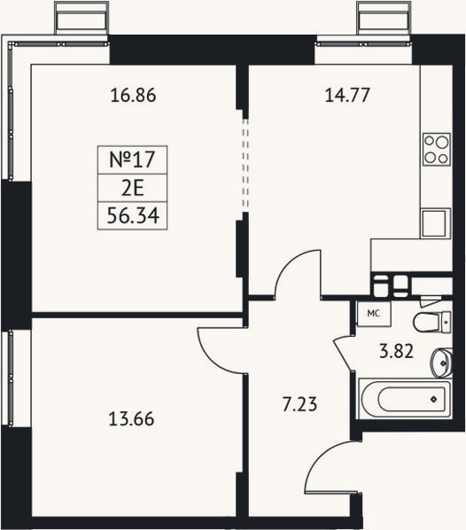 Планировка: 2-к, 56,3 м²