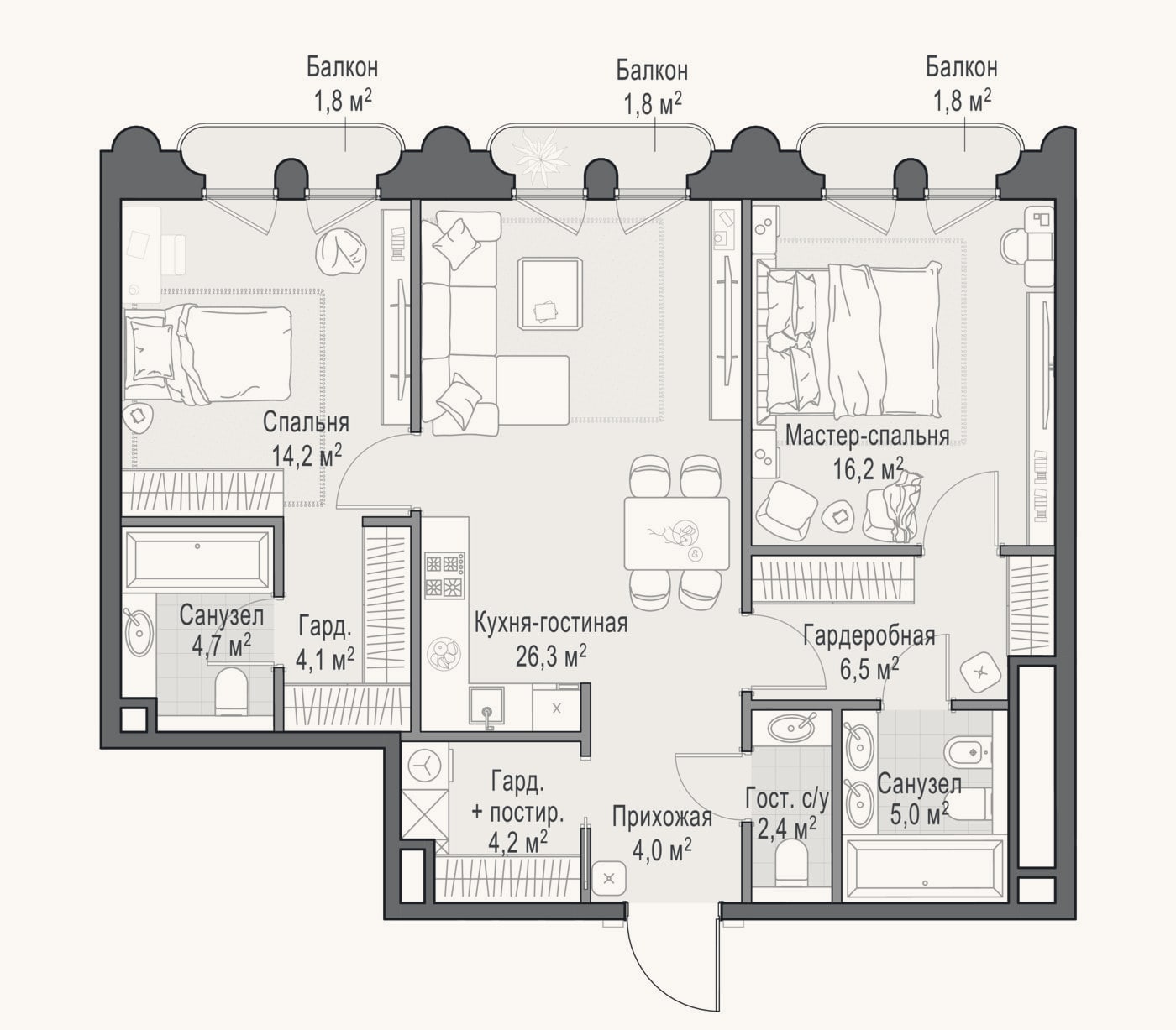 Планировка: 3-к, 90,4 м²