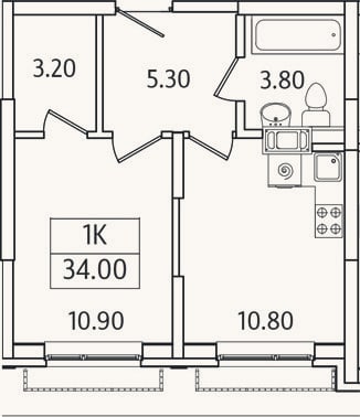 Планировка: 1-к, 34 м²