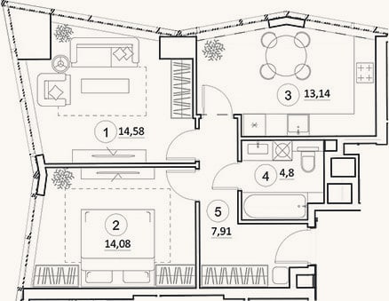 Планировка: 2-к, 54,5 м²