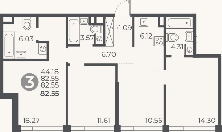 Планировка: 3-к, 82,6 м²
