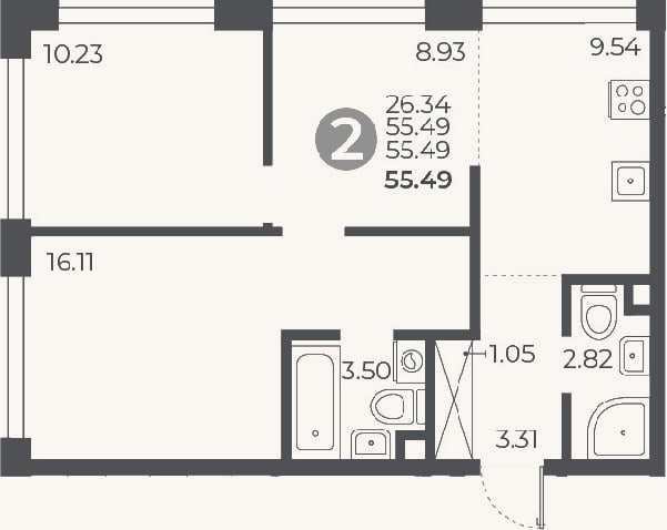 Планировка: 2-к, 55,5 м²