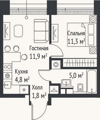 Планировка: 2-к, 34,8 м²