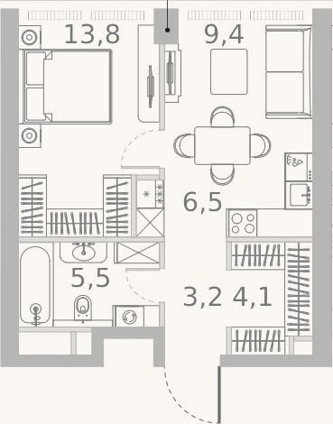 Планировка: 2-к, 42,5 м²