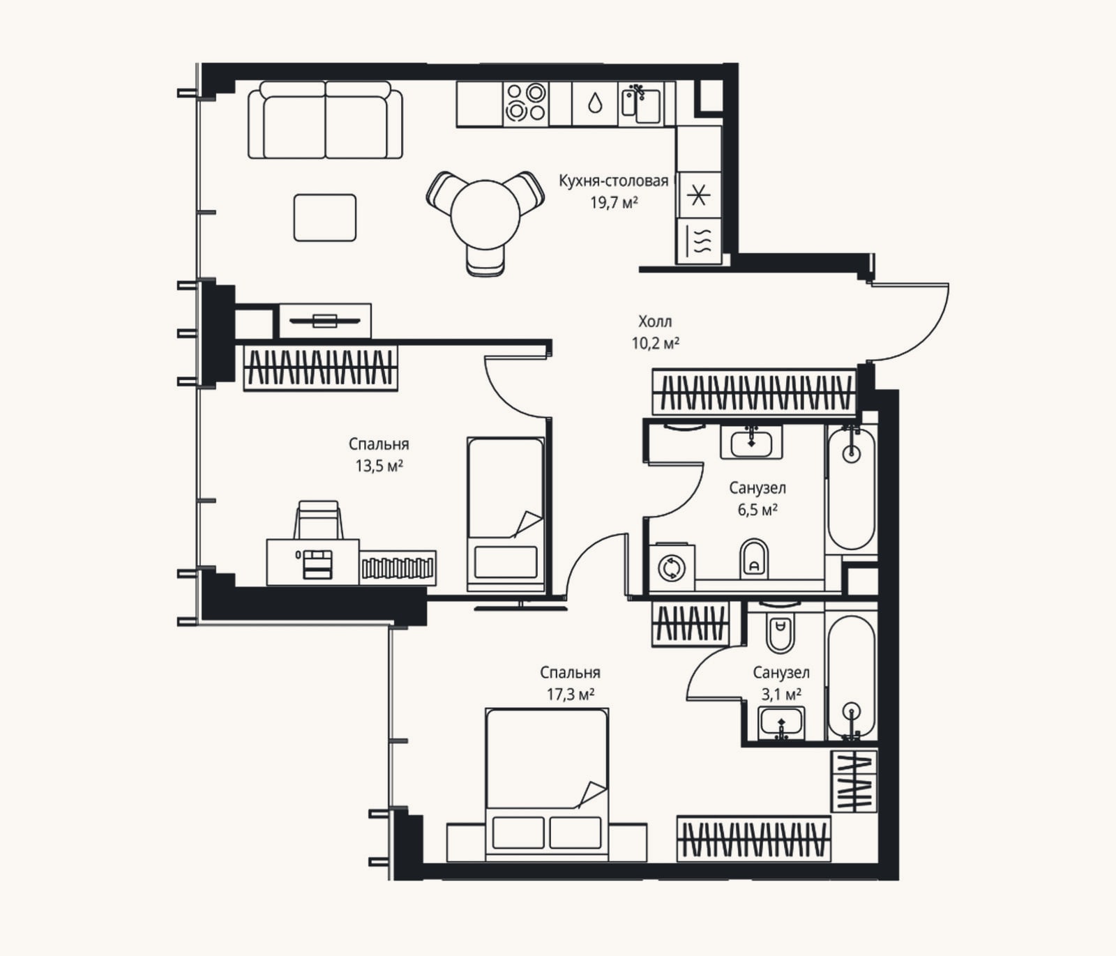 Планировка: 2-к, 70,3 м²
