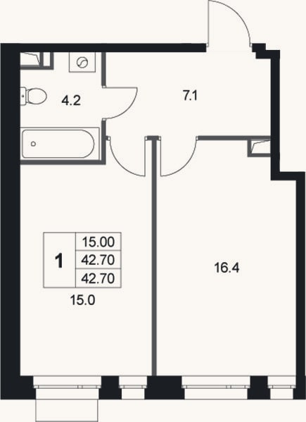Планировка: 1-к, 42,7 м²