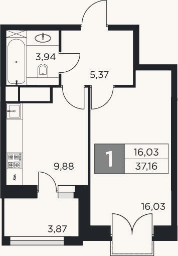 Планировка: 1-к, 35,2 м²