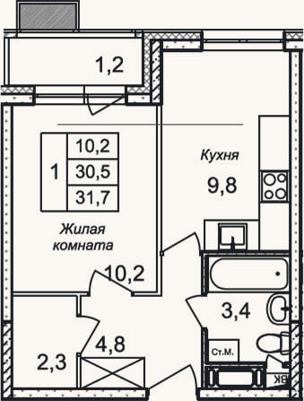 Планировка: 1-к, 30,5 м²