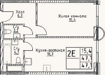 Планировка: 2-к, 47,1 м²