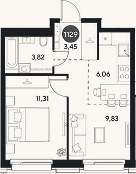 Планировка: 2-к, 34,5 м²