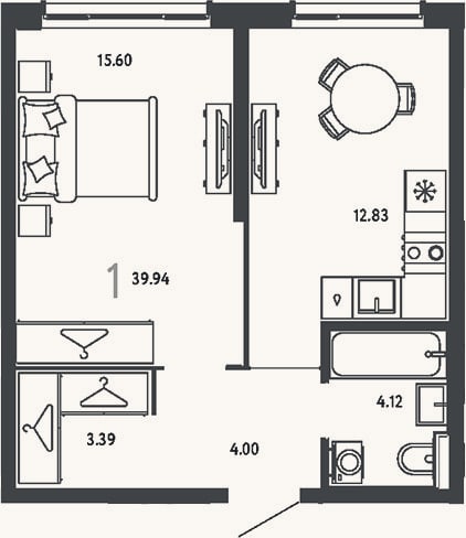 Планировка: 1-к, 39,9 м²