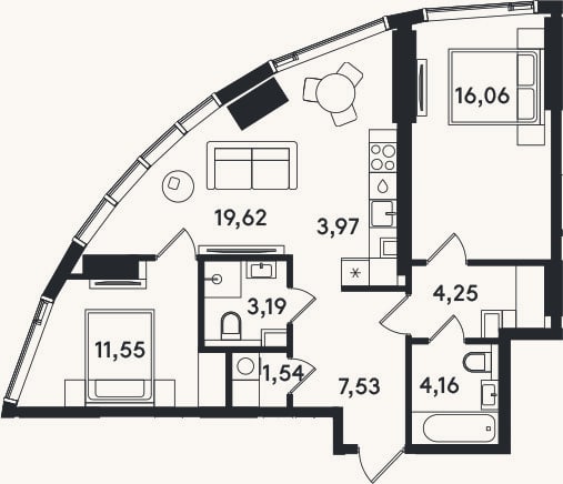 Планировка: 3-к, 71,9 м²