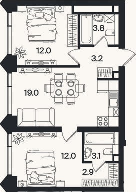 Планировка: 3-к, 56 м²