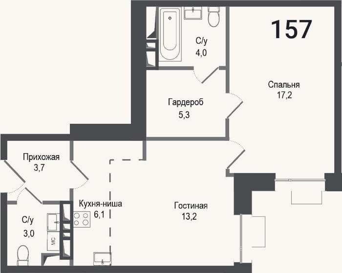 Планировка: 2-к, 52,5 м²