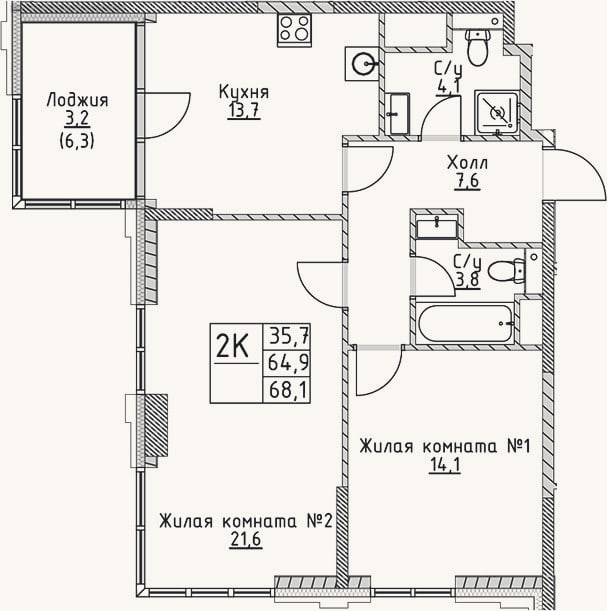 Планировка: 2-к, 64,9 м²