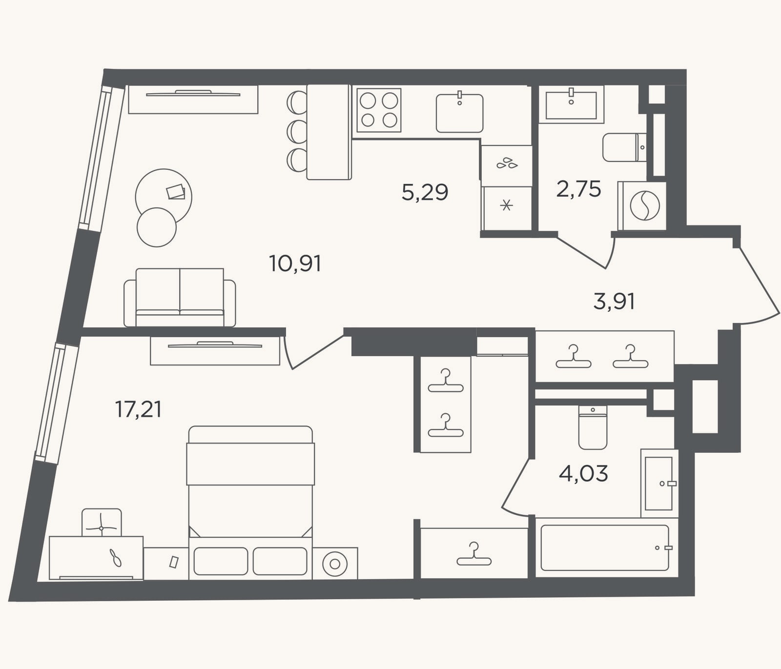 Планировка: 2-к, 44,1 м²