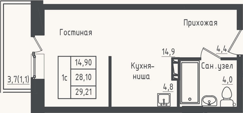 Планировка: Студия, 28,1 м²