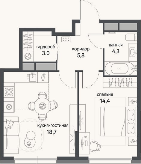 Планировка: 2-к, 46,2 м²