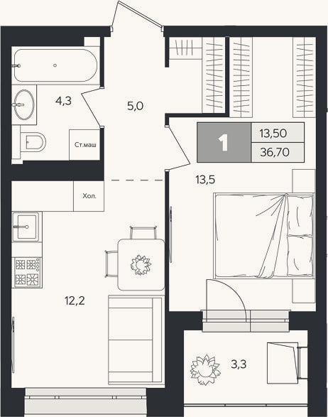 Планировка: 1-к, 35,1 м²