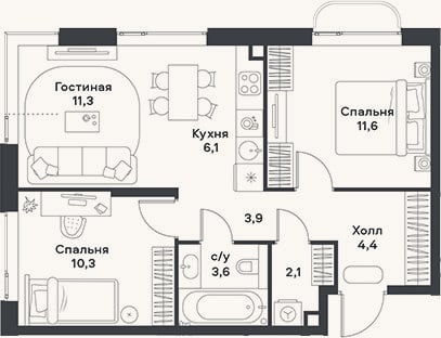 Планировка: 3-к, 53,3 м²