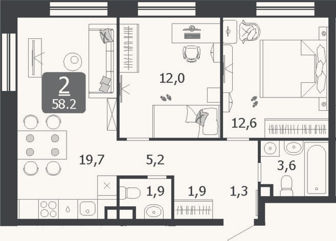 Планировка: 3-к, 58,2 м²