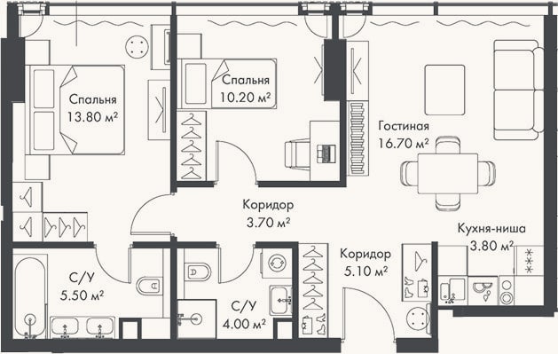 Планировка: 3-к, 62,8 м²
