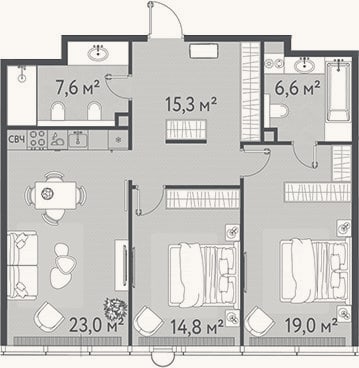 Планировка: 3-к, 86,3 м²