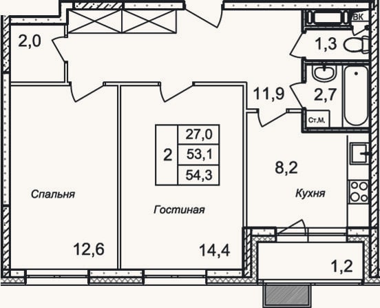 Планировка: 2-к, 53,1 м²