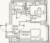 Планировка: 1-к, 36,7 м²