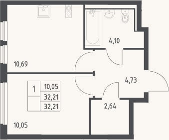 Планировка: 1-к, 32,2 м²