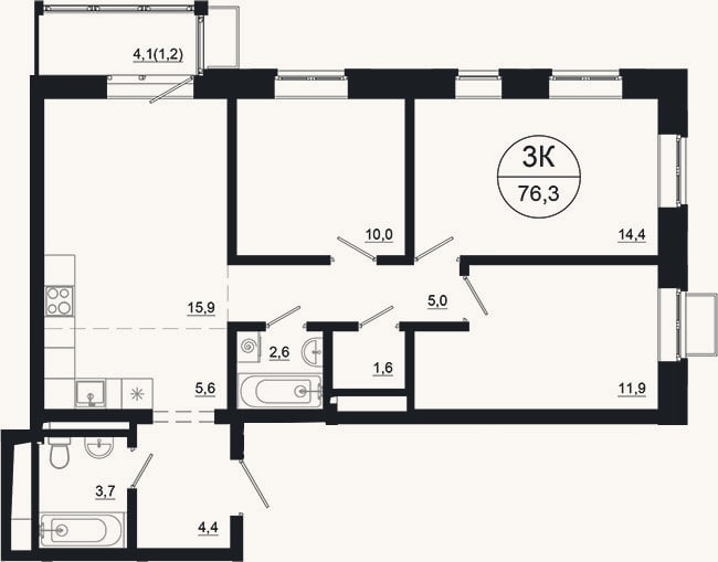 Планировка: 4+ к, 75,1 м²
