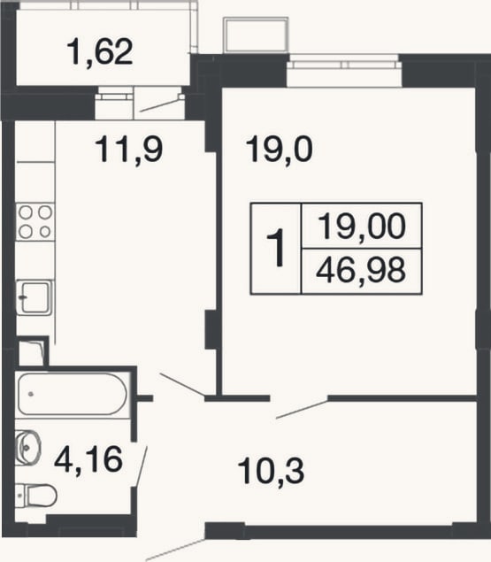 Планировка: 1-к, 45,4 м²