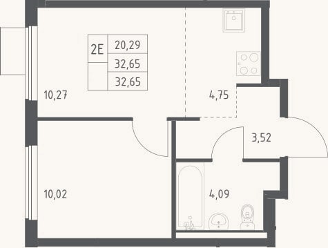 Планировка: 2-к, 32,7 м²