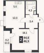 Планировка: 2-к, 44,8 м²